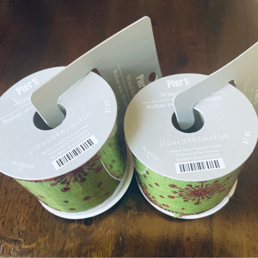 (2) Pier 1 Festive Green Ribbon with Red Accents